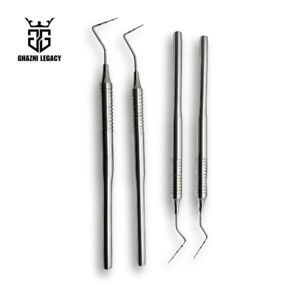 Single-ended periodontal probe set, made from high-quality stainless steel, designed for dental surgeries and periodontal examinations. Single-ended periodontal probe set, made from high-quality stainless steel, designed for dental surgeries and periodontal examinations.